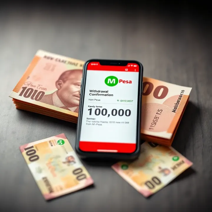 Mobile phone displaying M-Pesa withdrawal confirmation on screen with Kenyan currency notes beside it