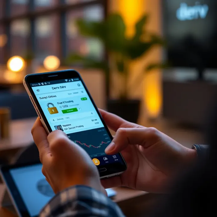 User navigating the Deriv app dashboard showing trading options and security settings on an Android device