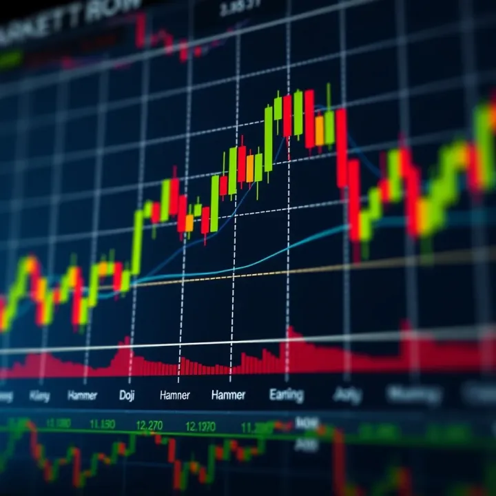 Common Candlestick Patterns and Their Market Signals Illustration of common candlestick patterns like Doji, Hammer, and Engulfing indicating potential market trends