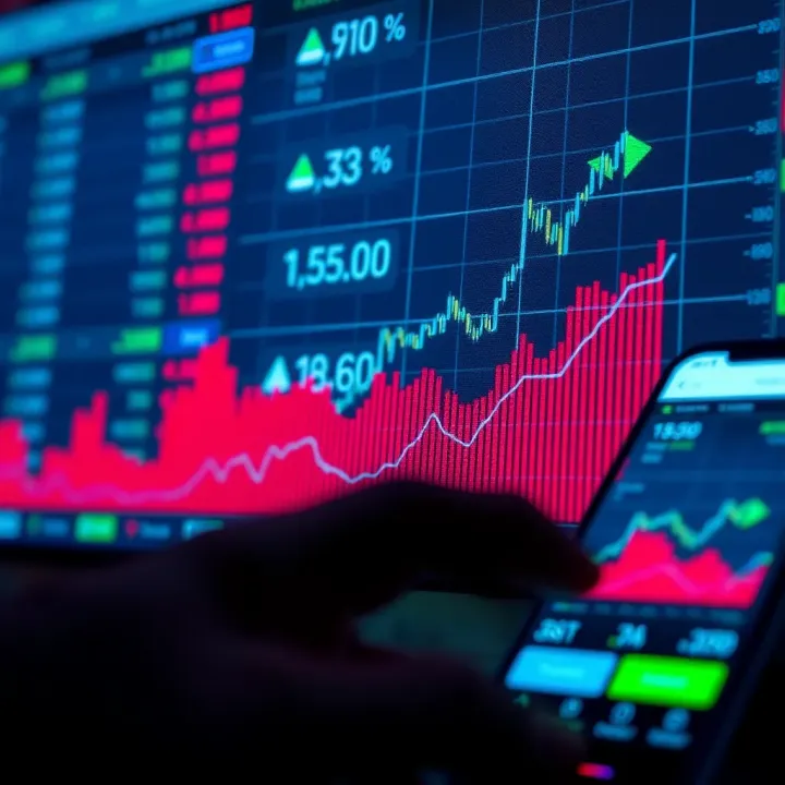 Graph showing growth trends with overlay of financial data and mobile trading interface