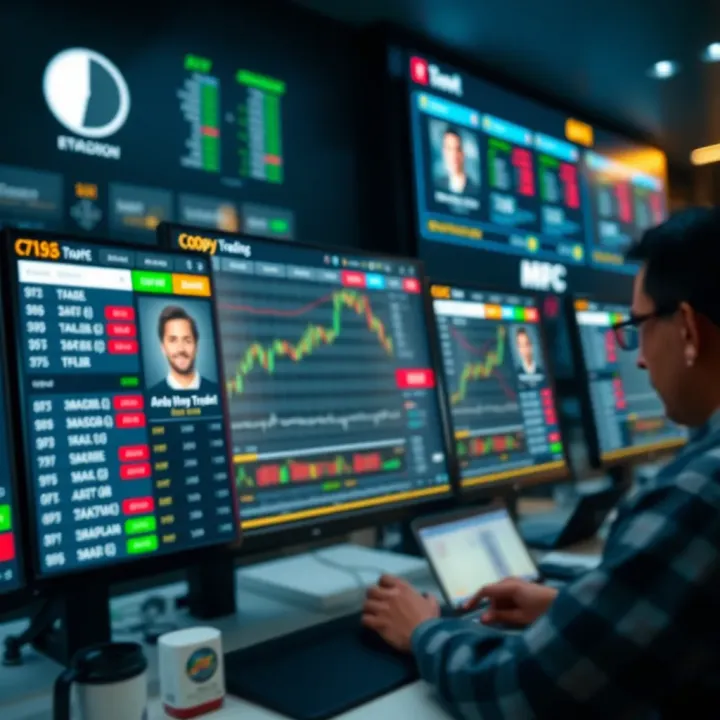Illustration of a digital platform displaying trader profiles and performance metrics