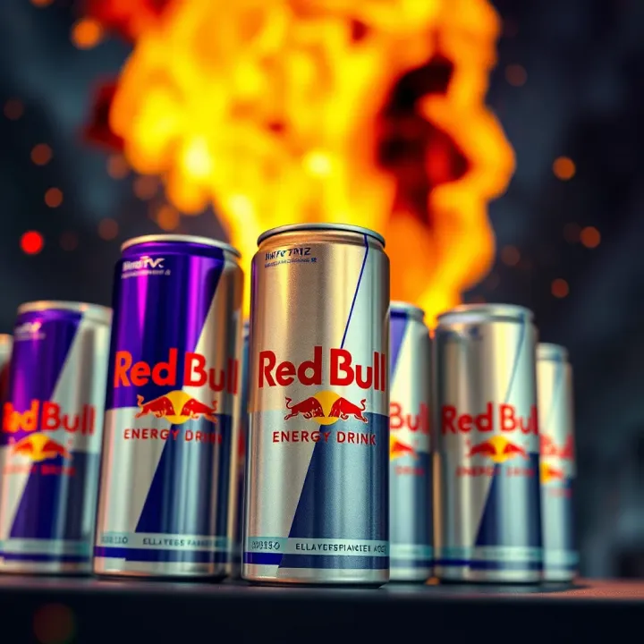 Red Bull energy drink cans displayed against a dynamic and energetic background