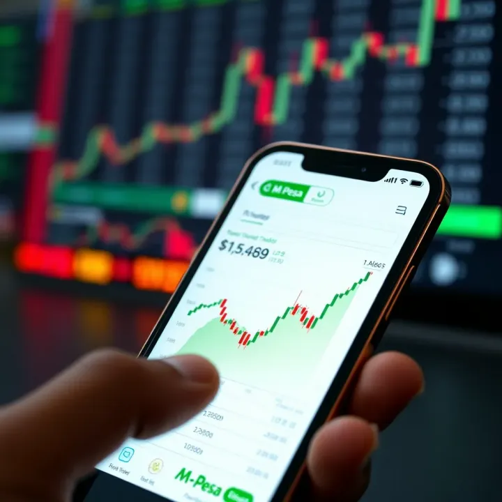Graph of stock and cryptocurrency trends displayed on smartphone with M-Pesa logo