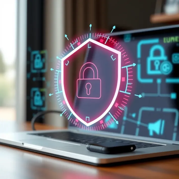 Secure online transaction symbol with digital security icons representing safety in online surveys