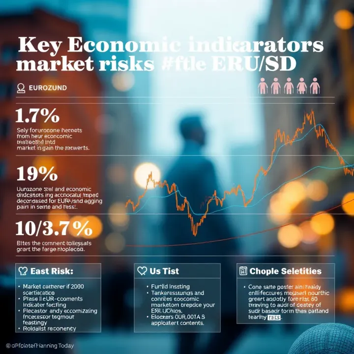Infographic depicting major eurozone and US economic indicators impacting the EUR/USD pair alongside geopolitical risk factors