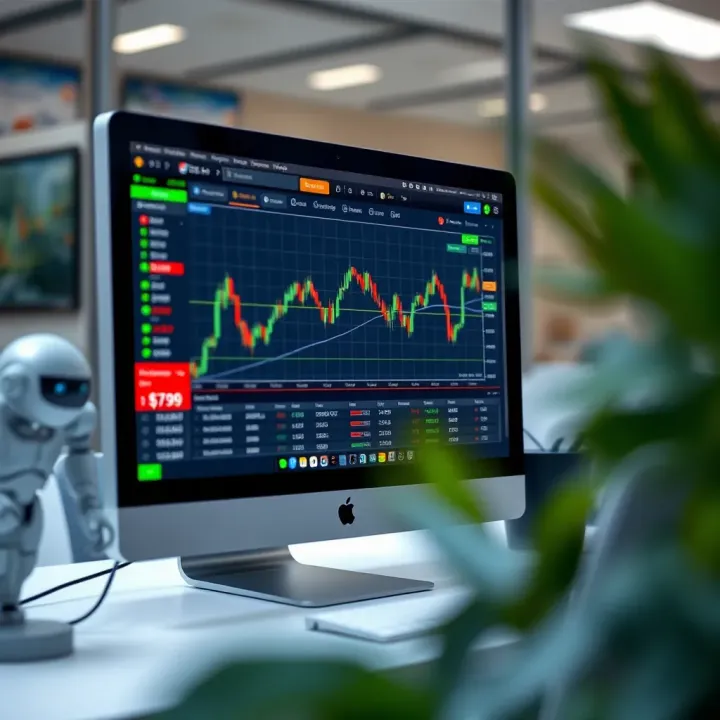 Automated Binary Options Trading Software Interface Illustration of a computer screen displaying binary options trading software with automated bot features