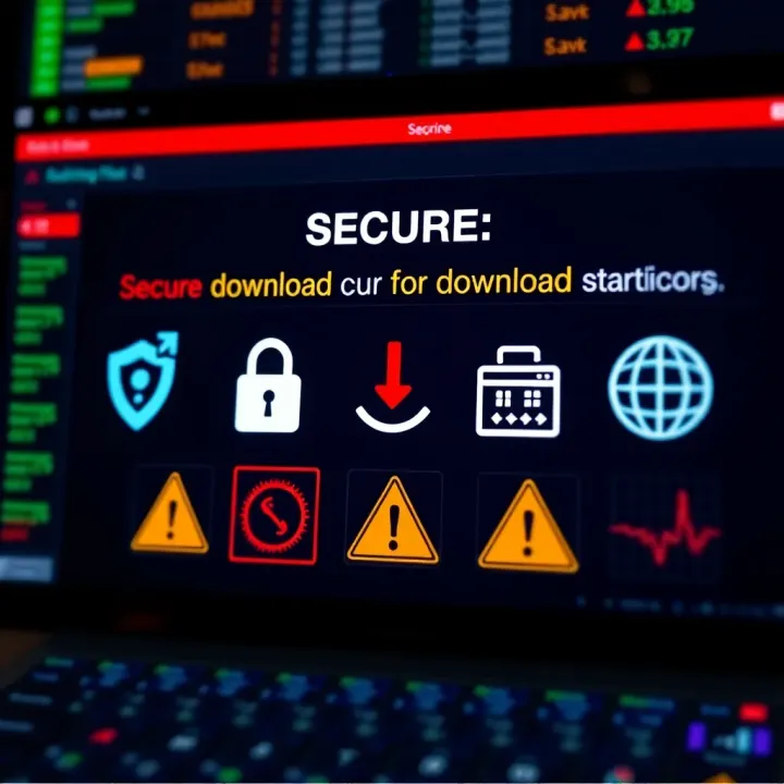 Safe Download Practices for Binary Bot Software Graphic showing secure download symbols and caution icons representing safe binary bot download practices