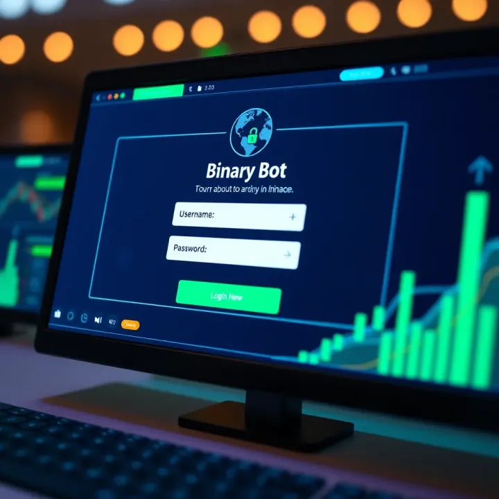 User interface of Binary Bot showing login screen with username and password fields