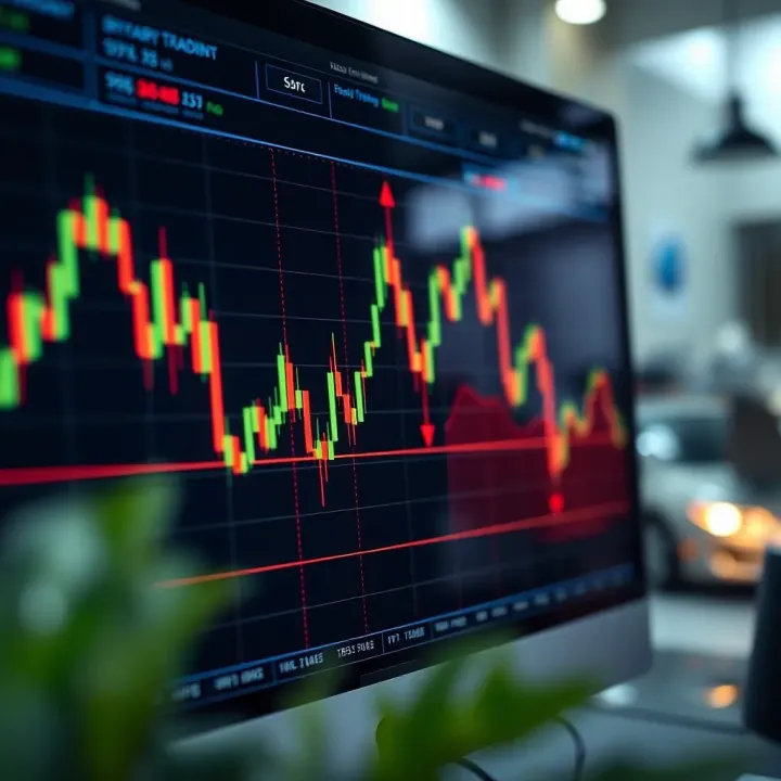 Market Trends and Binary Trading Outcomes Graph illustrating market trends and binary trading outcomes on a digital screen
