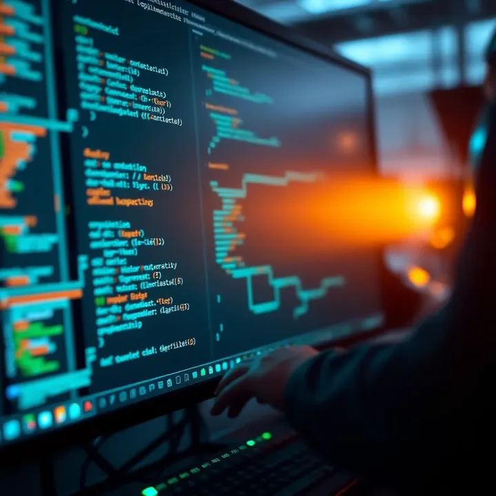 Visual representation of a digital bot binary code executing automated commands within a software environment