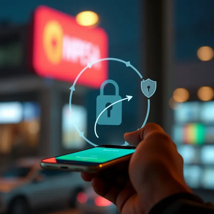 Illustration of secure digital payment flow with mobile device and security shield icon