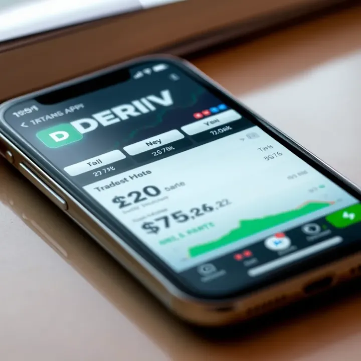 Deriv app interface displaying various trading options and charts on a mobile device