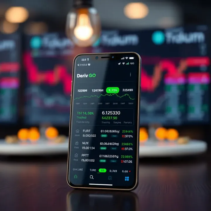 Mobile phone displaying Deriv GO trading platform interface with market charts and trading options