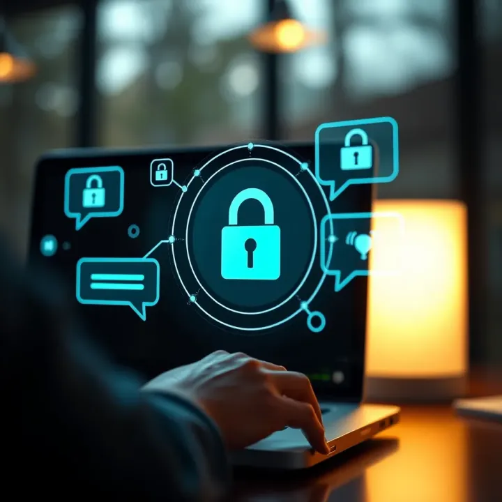 Secure online communication with chat bubbles and digital security icons