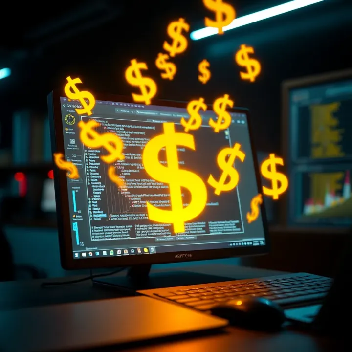 Conceptual Illustration of a Virtual Currency Generator Interface Digital interface showing a virtual currency generator concept with dollar signs emerging from a computer screen