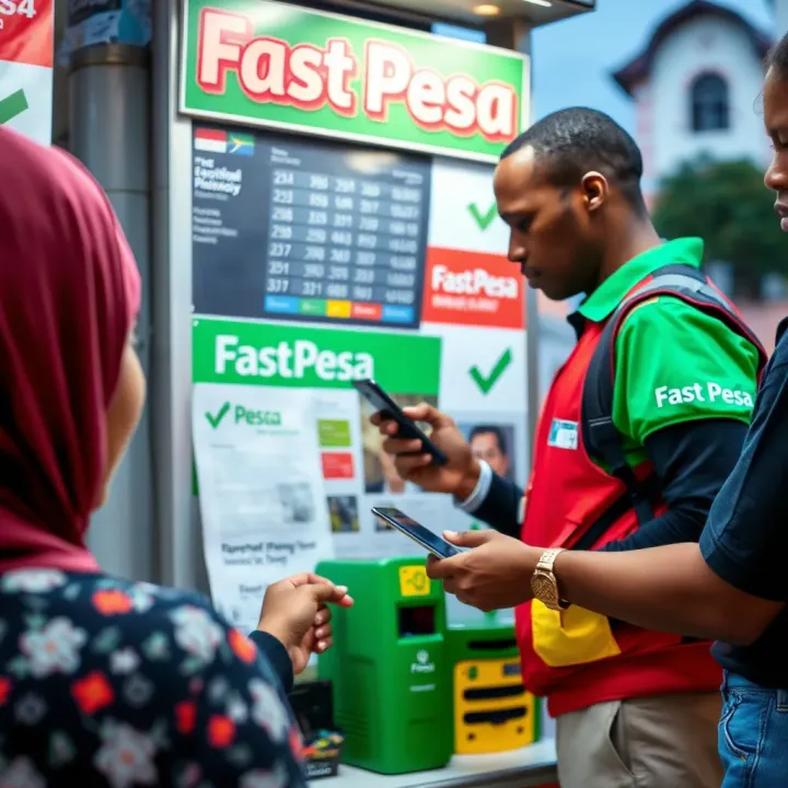 A Fast Pesa agent assisting a customer with mobile money transaction at a local kiosk