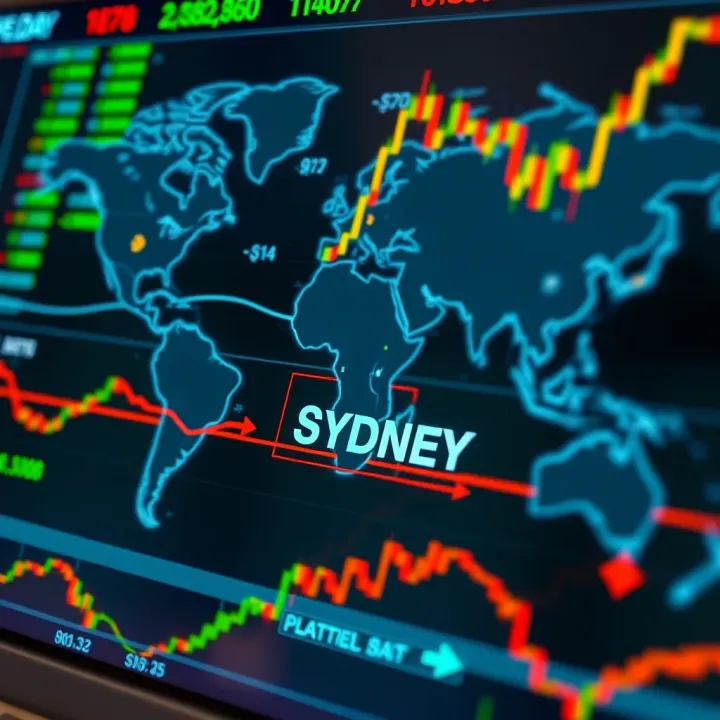 Global map highlighting Sydney as the start point of the forex trading day with currency symbols