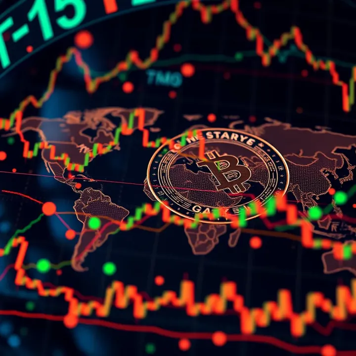 Digital currency symbols overlaid with global financial network graphics