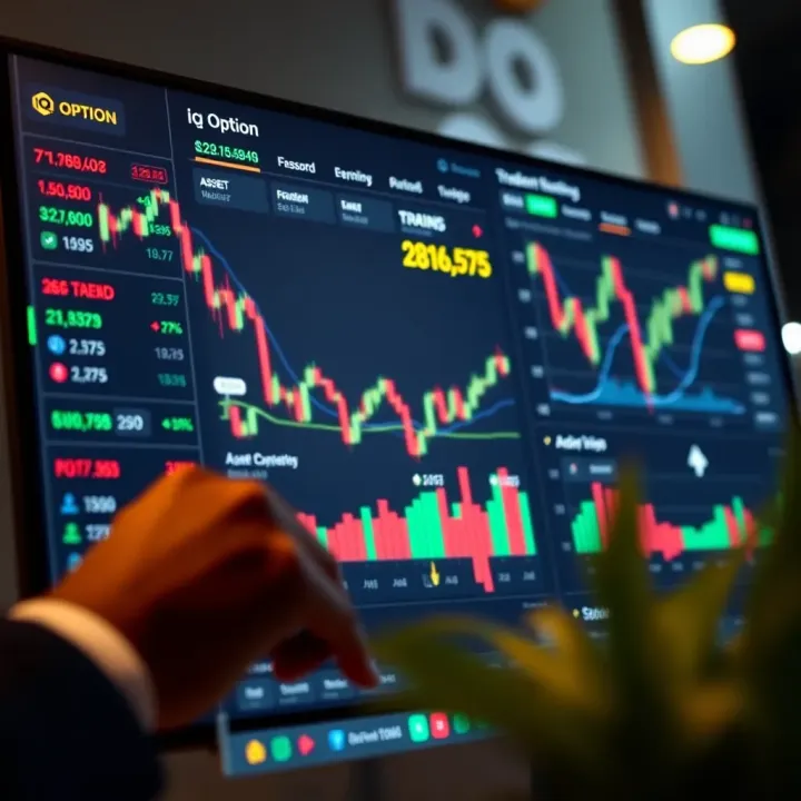 Trading platform dashboard displaying various asset options and chart indicators
