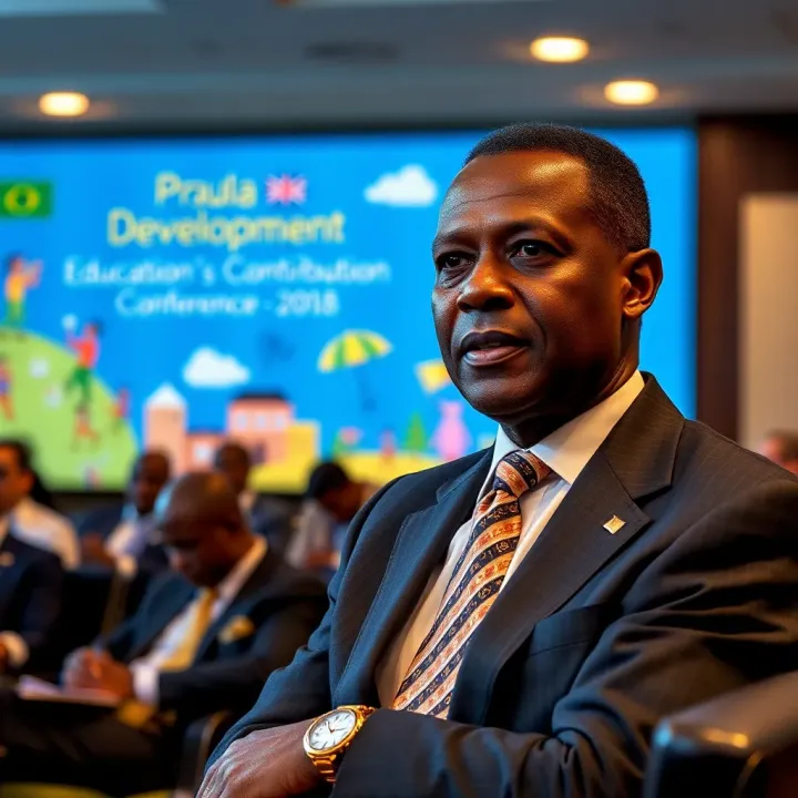 Portrait of Paul Mugenda speaking at an educational conference with a backdrop highlighting development themes