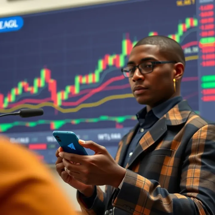 Kenyan trader analyzing forex signals on a smartphone with currency charts in background
