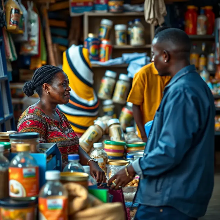 Small business owners interacting in a vibrant local market with various goods displayed