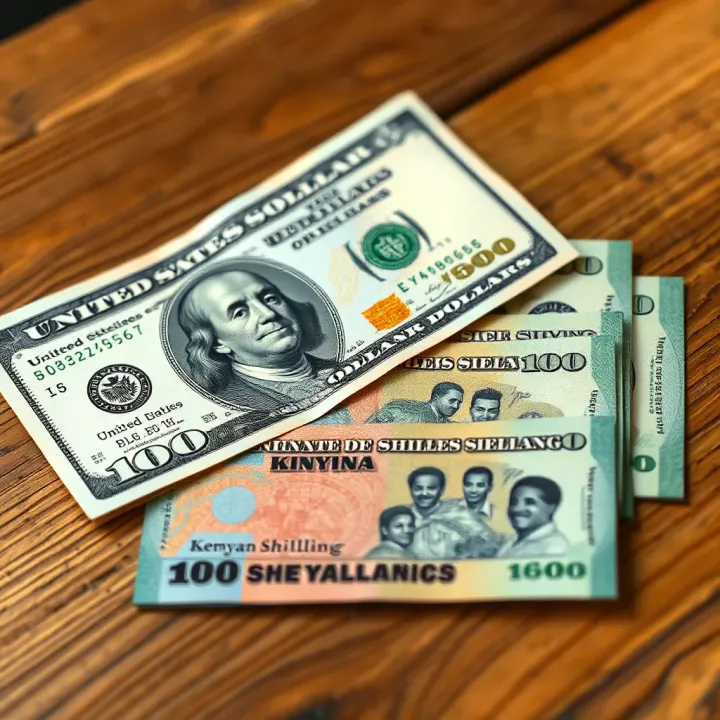 Close-up of United States dollar bills beside Kenyan shilling notes on a wooden table